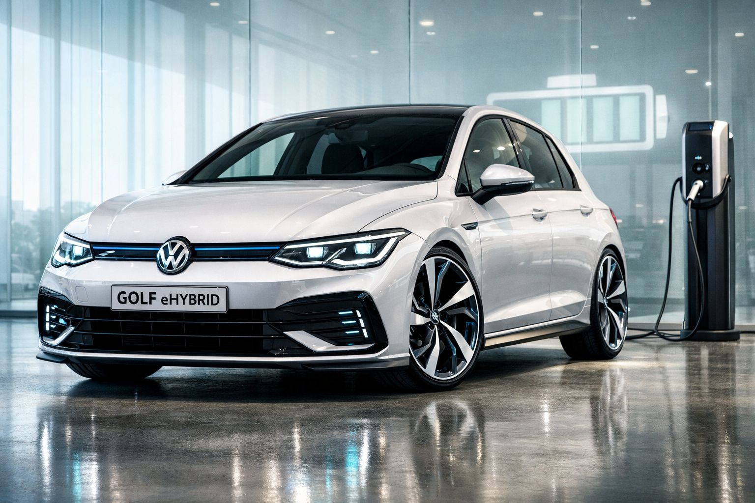 Carro hatchback branco Volkswagen Golf eHybrid estacionado próximo a um carregador elétrico em ambiente interno.