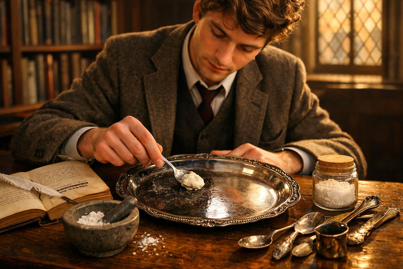 Homem vestido à moda antiga segura colher com substância branca sobre prato de prata em ambiente antigo e iluminado.