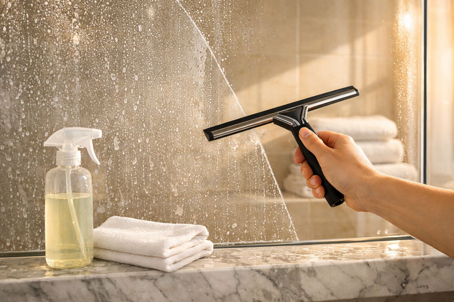 Mão usando rodo para limpar espelho em banheiro com frasco de spray e toalhas brancas ao lado.