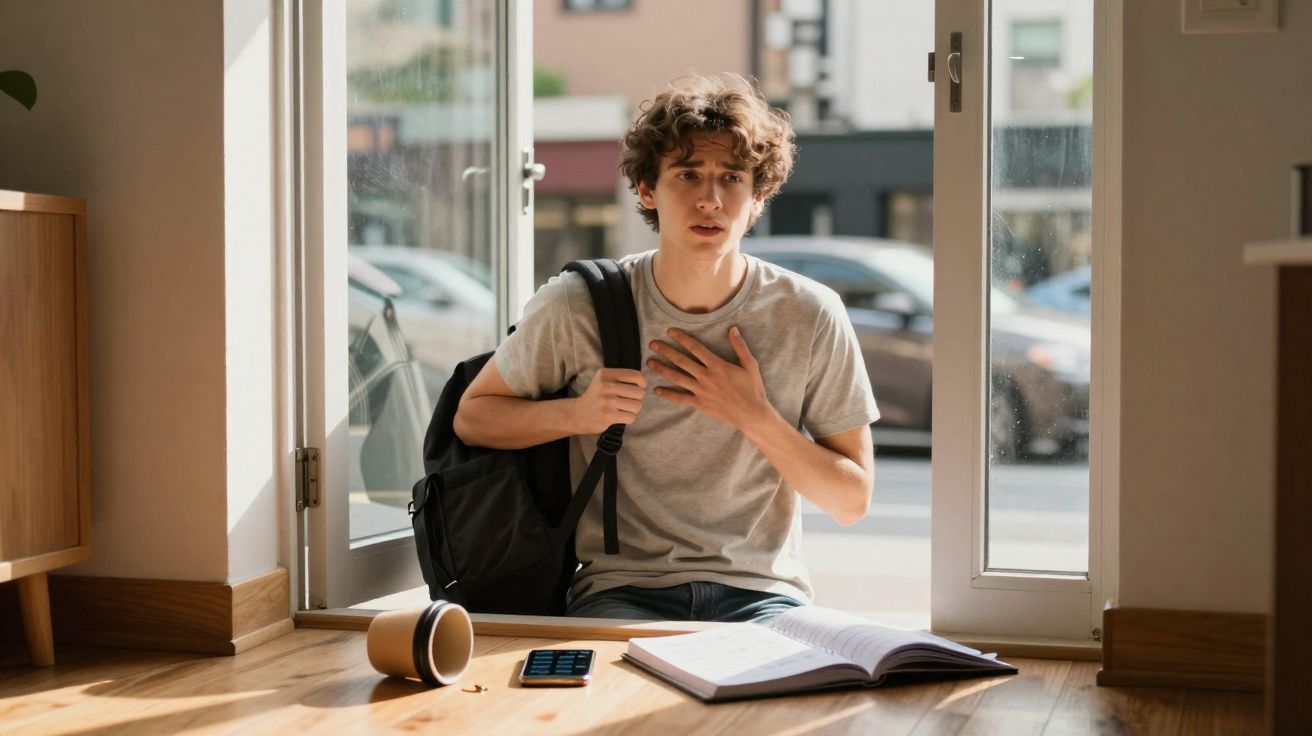 Jovem sentado no chão próximo a porta com mochila, livro aberto, copo caído e expressão de surpresa.