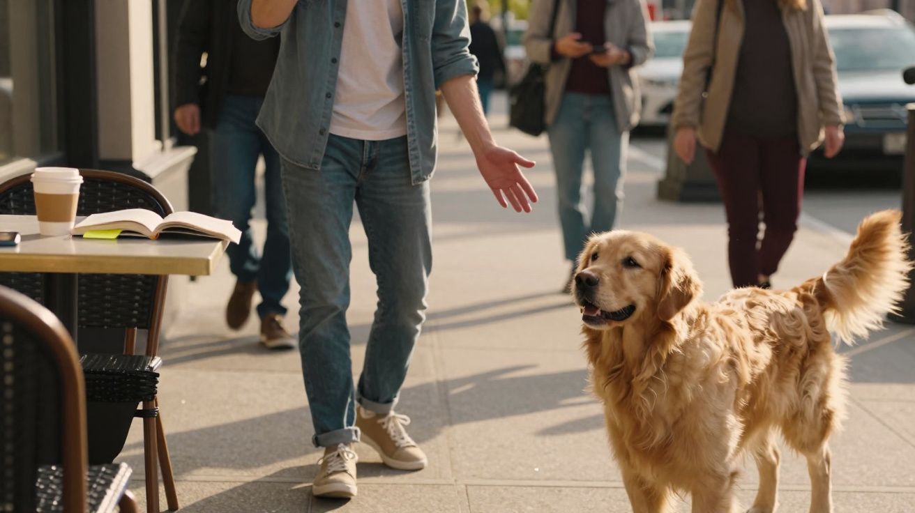 Homem caminhando e interagindo com cachorro golden retriever em calçada movimentada de cidade.