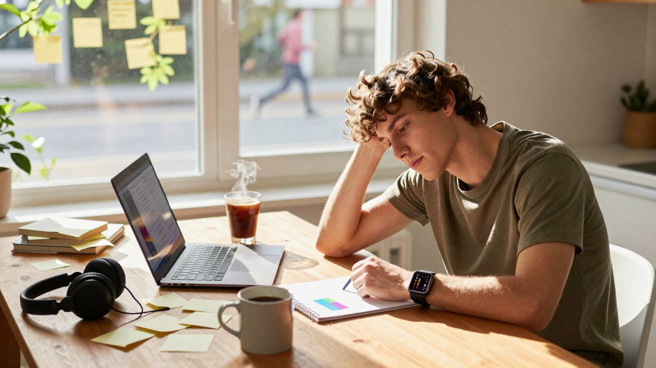 Jovem pensativo escrevendo em caderno com laptop e café sobre mesa próxima a janela iluminada.