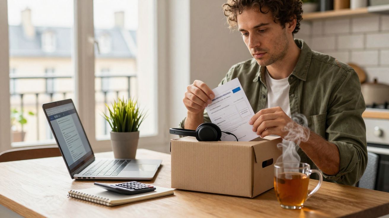 Homem desempacotando caixa com fones, frente a laptop, caderno e chá quente em mesa na cozinha.