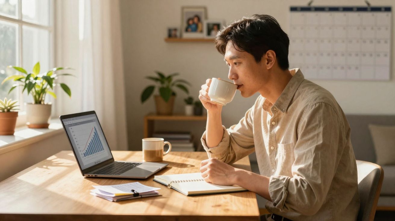 Homem bebendo café enquanto observa gráfico em laptop em ambiente claro e organizado para home office.