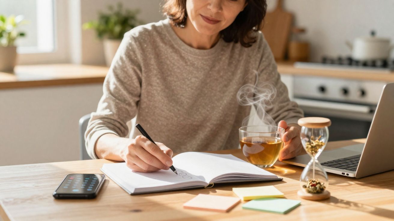 Mulher escrevendo em caderno com chá fumegante, relógio de areia e laptop na mesa da cozinha.