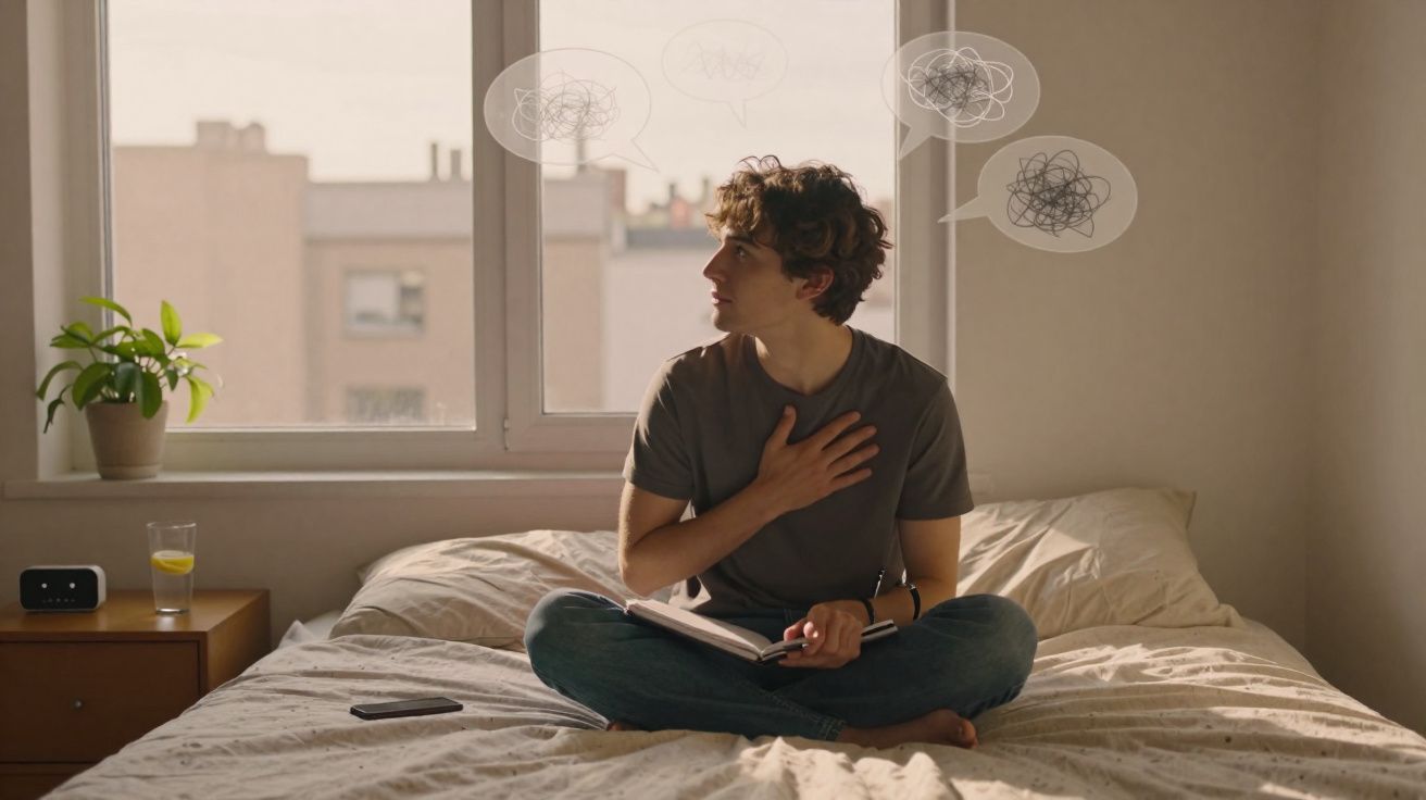 Jovem sentado na cama com expressão pensativa e desenhos de pensamentos confusos acima da cabeça.