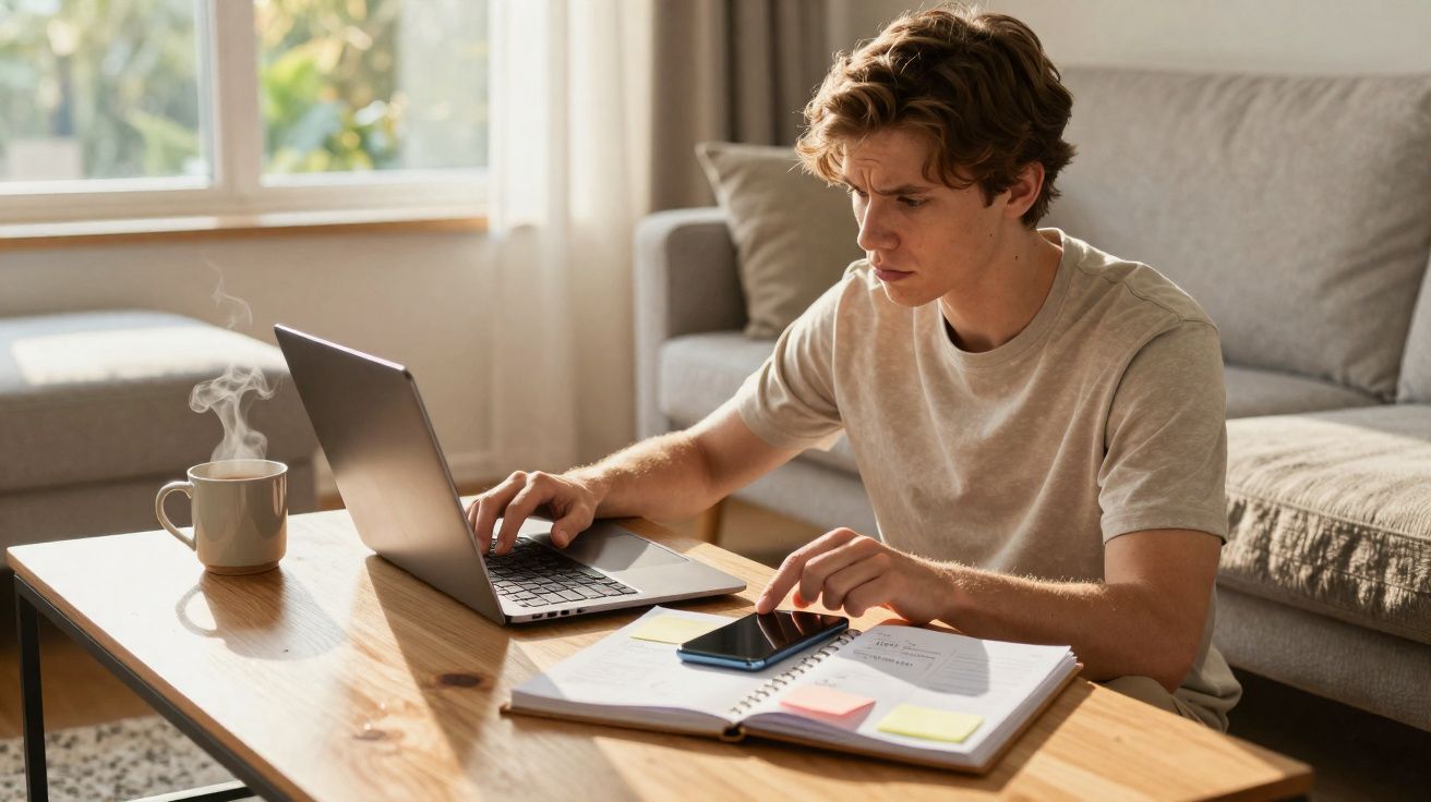 Jovem concentrado trabalhando em laptop com café quente, caderno e celular em mesa de madeira na sala iluminada.