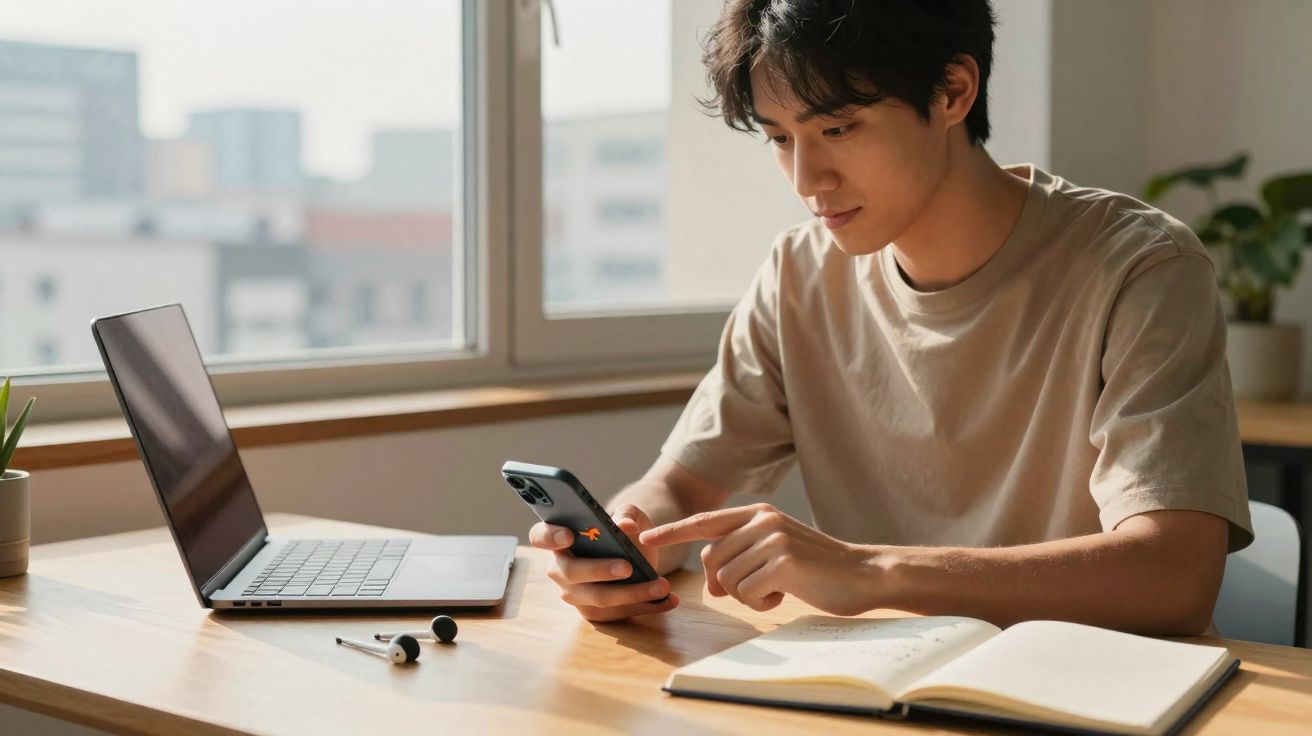 Jovem sentado à mesa usando celular com notebook, fones e caderno aberto em ambiente iluminado.