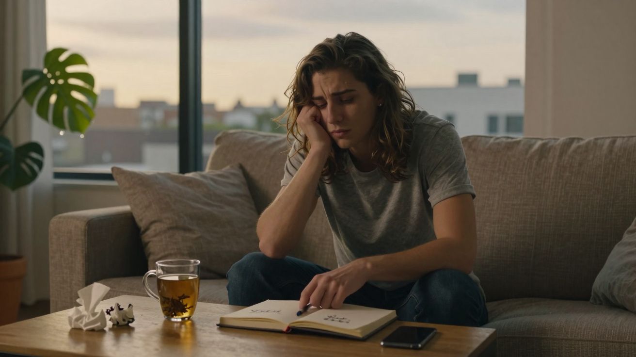 Jovem sentada no sofá com expressão triste, lendo um livro, ao lado de uma xícara de chá e lenços usados.