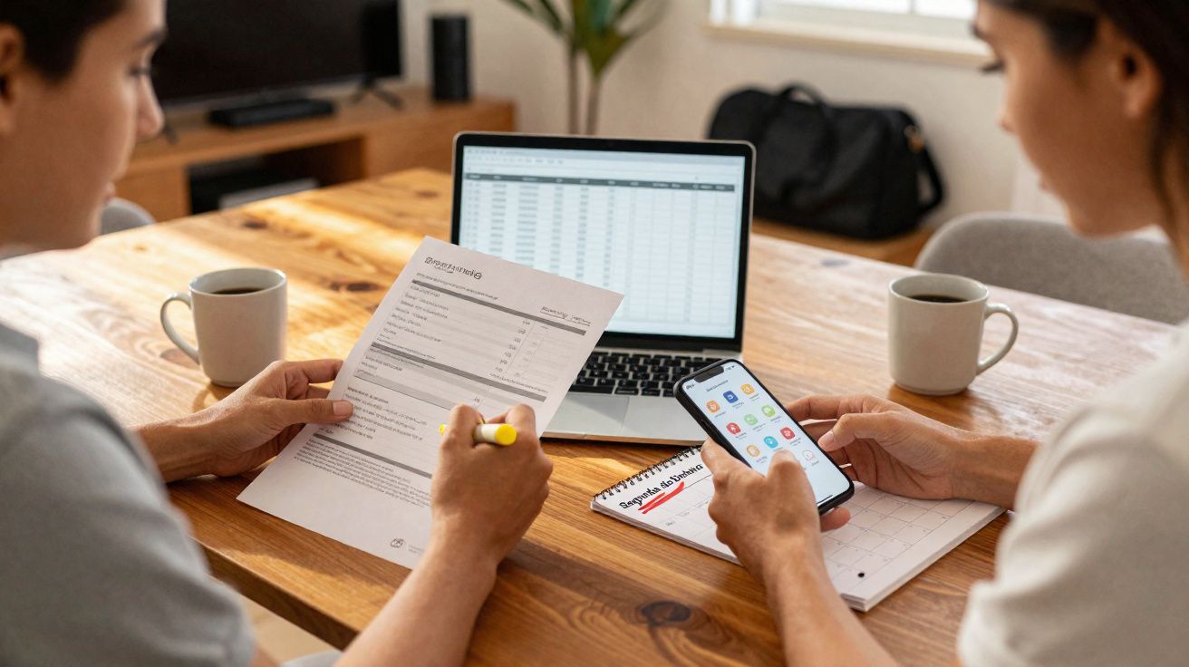 Duas pessoas revisando contas com documento, celular, notebook e café sobre mesa de madeira.