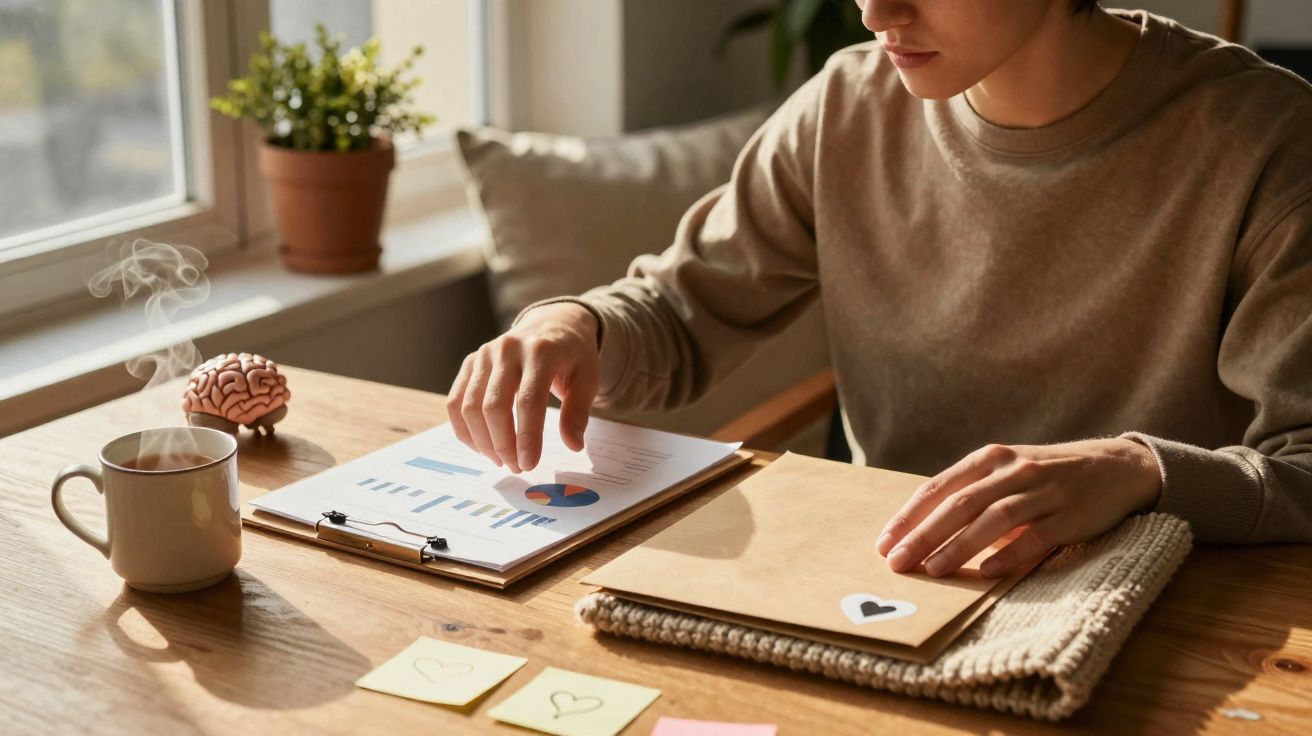 Pessoa analisando gráficos em papel em mesa com xícara de café, blocos de nota e adesivos com corações.