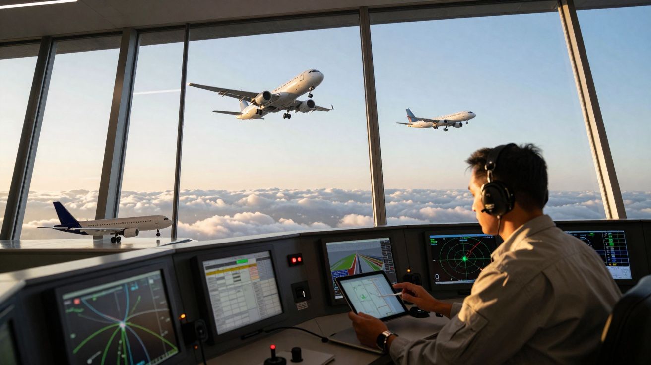 Controlador de tráfego aéreo monitora aviões próximos a pista em torre de controle durante o pôr do sol.
