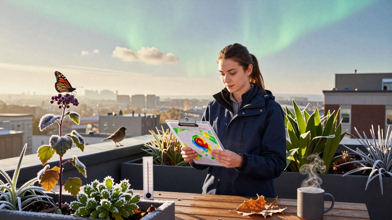 Mulher observa gráfico em prancheta em varanda com plantas, borboleta, pássaro e xícara de café com vapor.