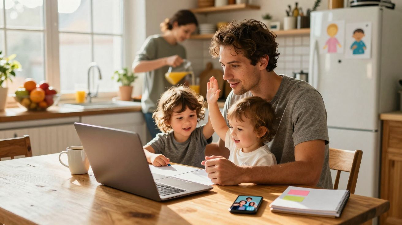 Pai e filhos pequenos interagindo em vídeo chamada no laptop, com mulher ao fundo preparando suco na cozinha.