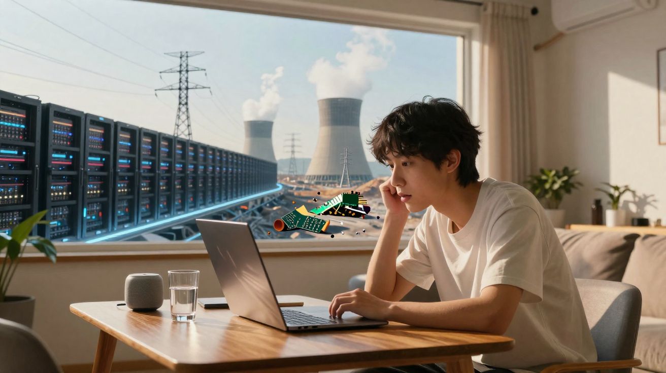 Jovem usando laptop em casa com usina nuclear e servidores visíveis pela janela ao fundo.