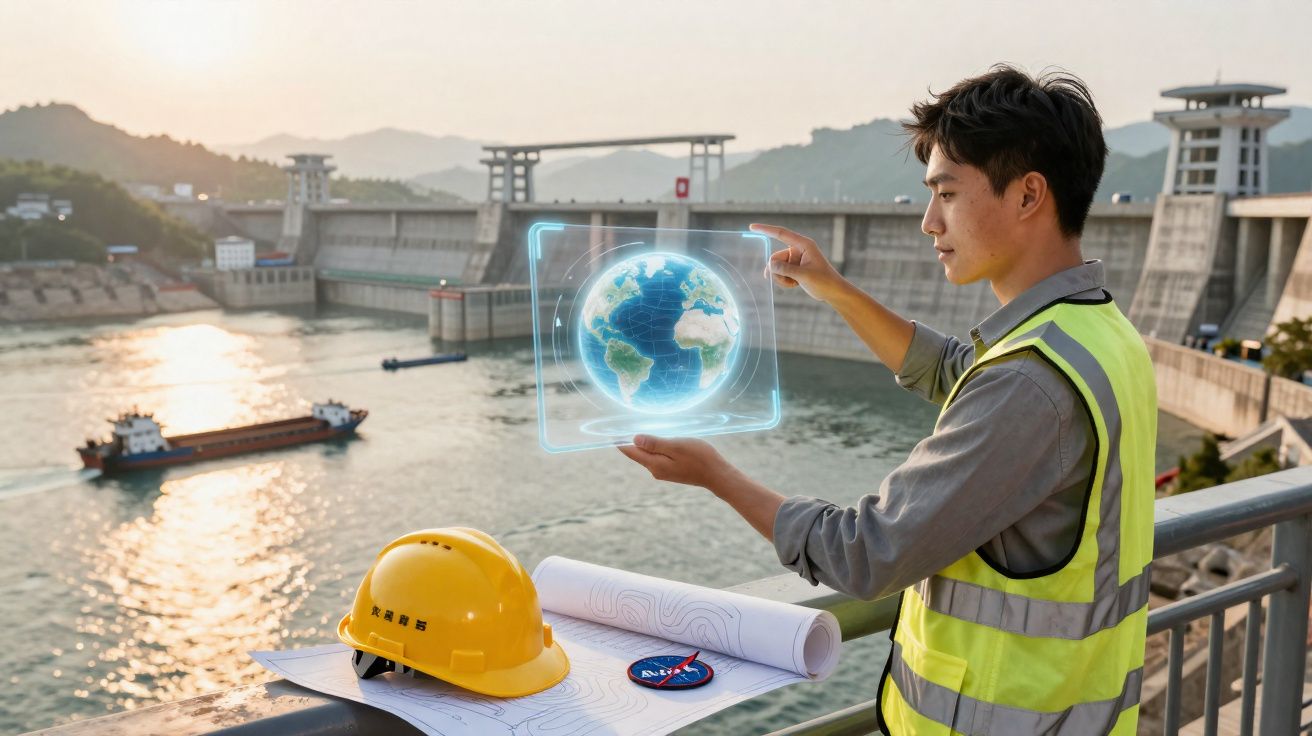 Engenheiro com colete refletivo analisa projeção digital da Terra em usina hidrelétrica ao entardecer.