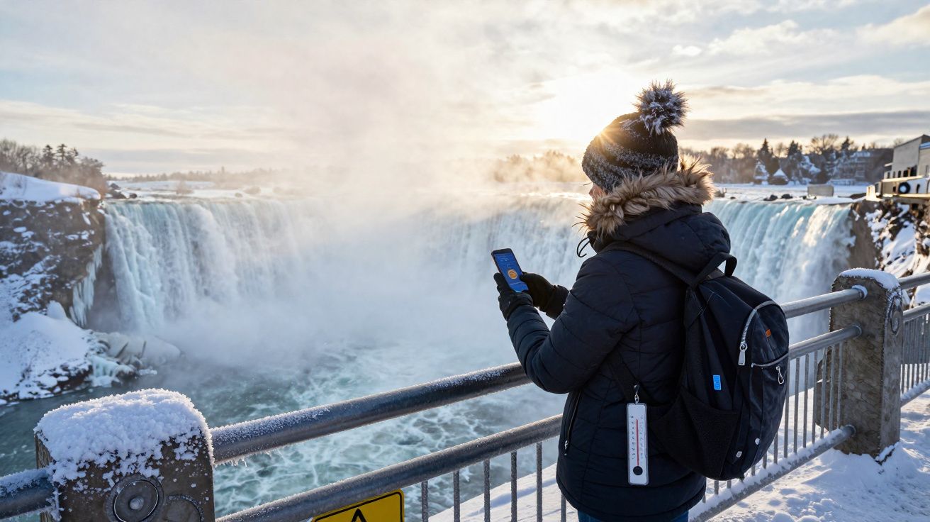 Pessoa vestindo roupas de inverno observa cataratas geladas enquanto usa celular perto de grade protegida.
