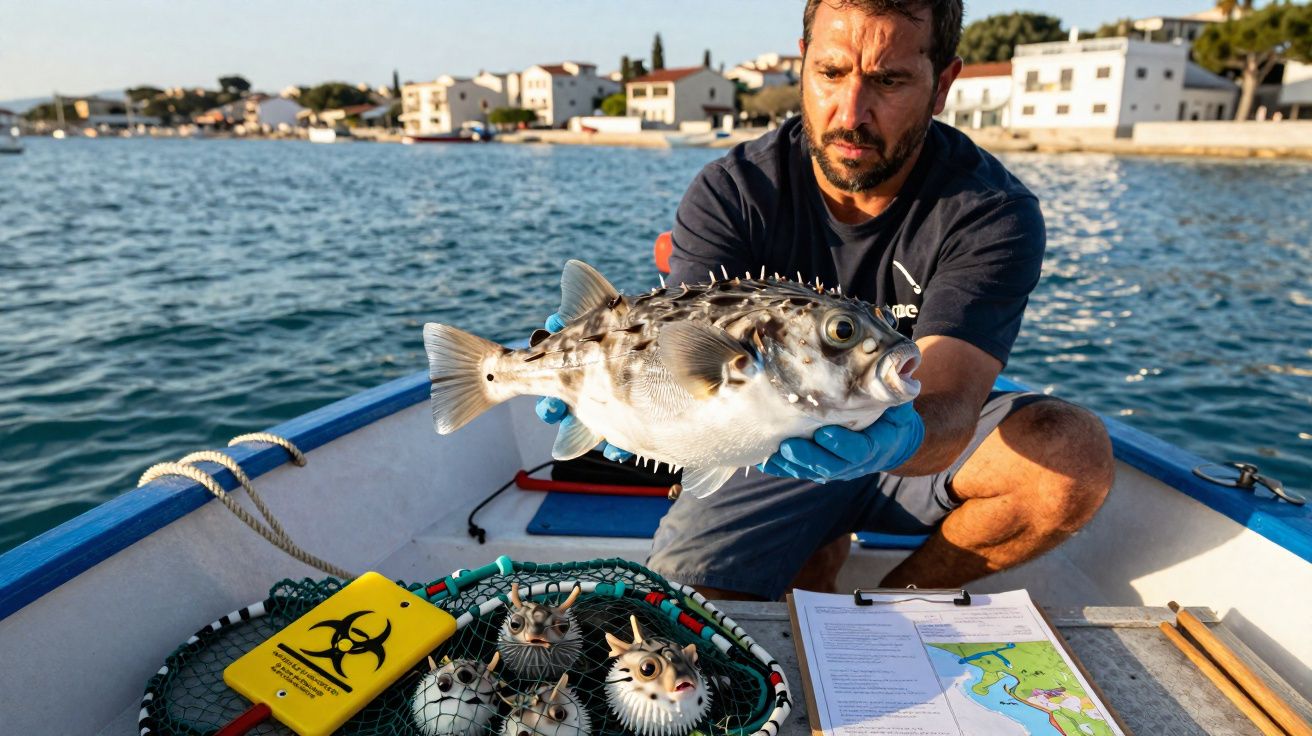 Homem em barco segurando peixe-baiacu com outros peixes em rede e documentos ao lado, mar ao fundo.