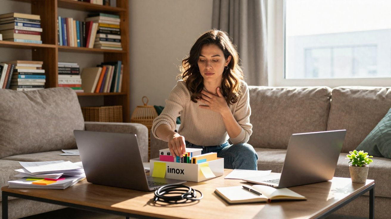 Mulher sentada no sofá ao lado de dois notebooks, organizando arquivos em caixa na mesa de centro.