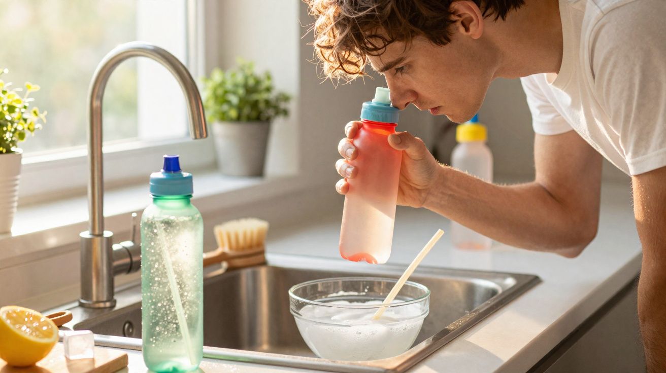 Homem perto da pia da cozinha segurando uma garrafa de plástico e cheirando seu conteúdo.