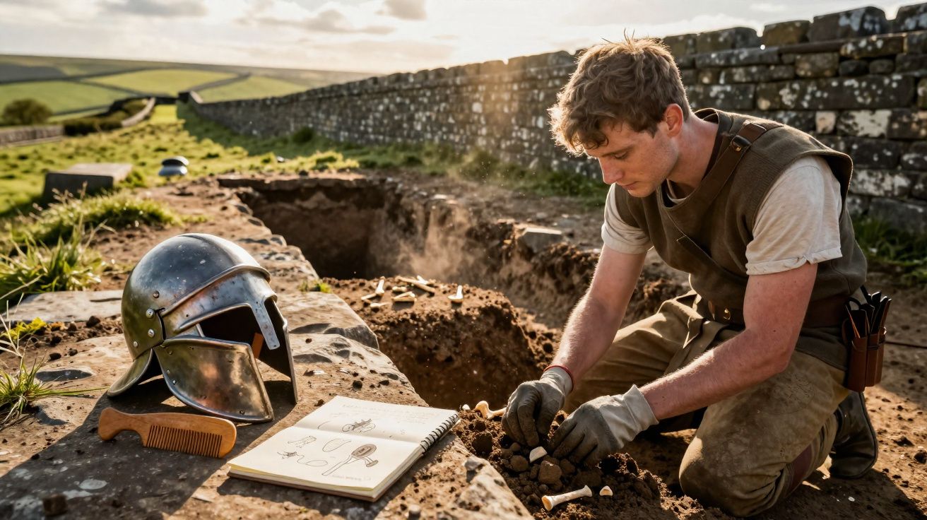 Jovem arqueólogo escava terreno antigo, com capacete romano e caderno de desenhos ao lado, sob luz do sol.
