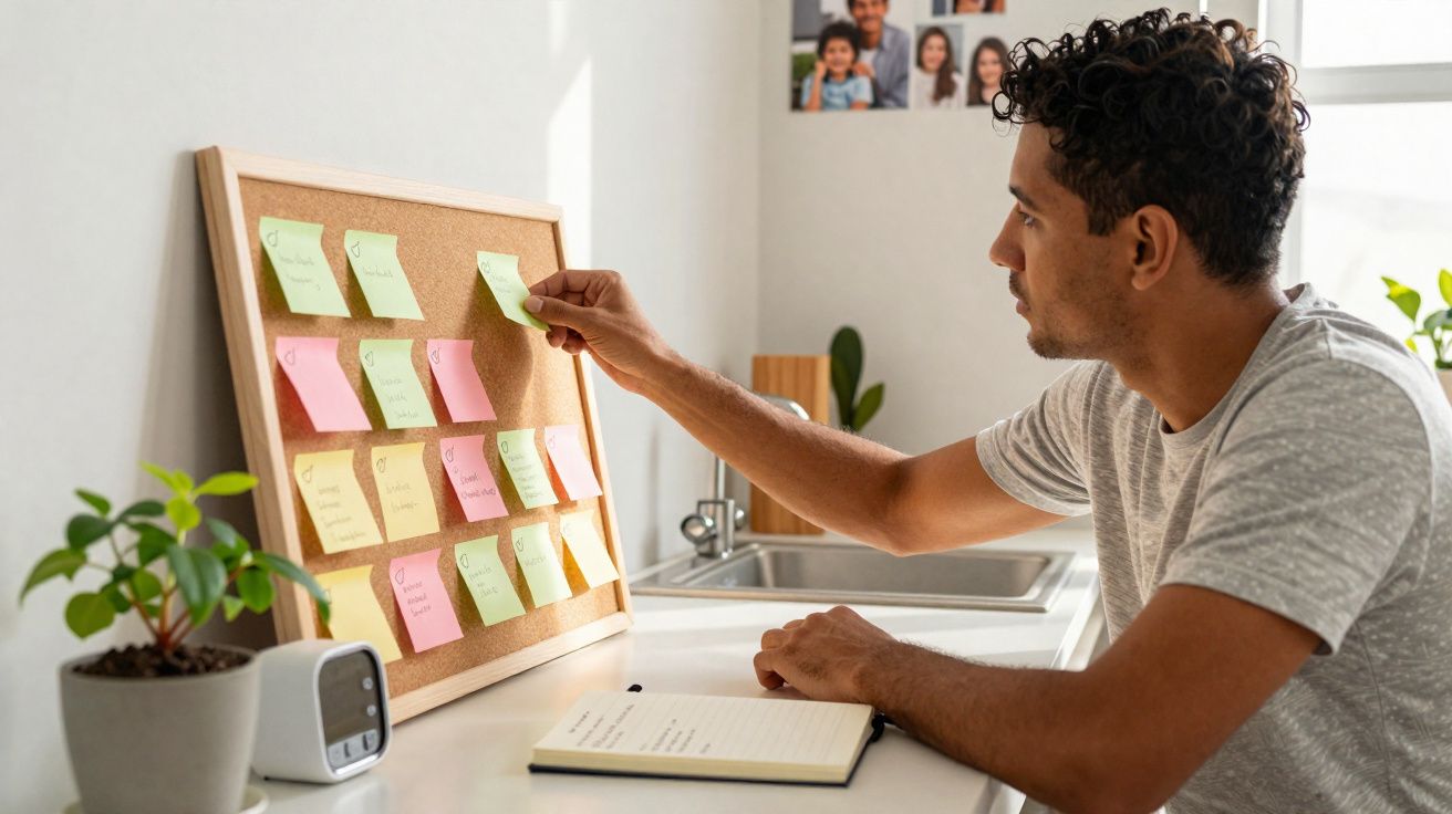 Homem organizando notas adesivas coloridas em quadro de cortiça em ambiente de escritório doméstico.
