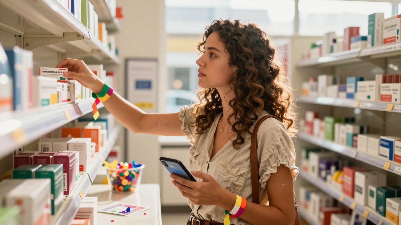 Mulher escolhendo medicamento na prateleira da farmácia enquanto segura celular com expressão concentrada.