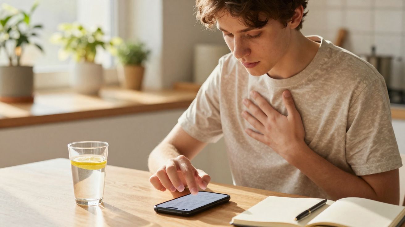 Jovem com mão no peito olhando para celular à mesa com copo de água e caderno aberto.