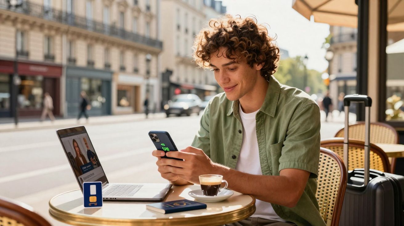 Jovem sentado em café na rua, usando celular, com laptop, café e mala ao lado na mesa.
