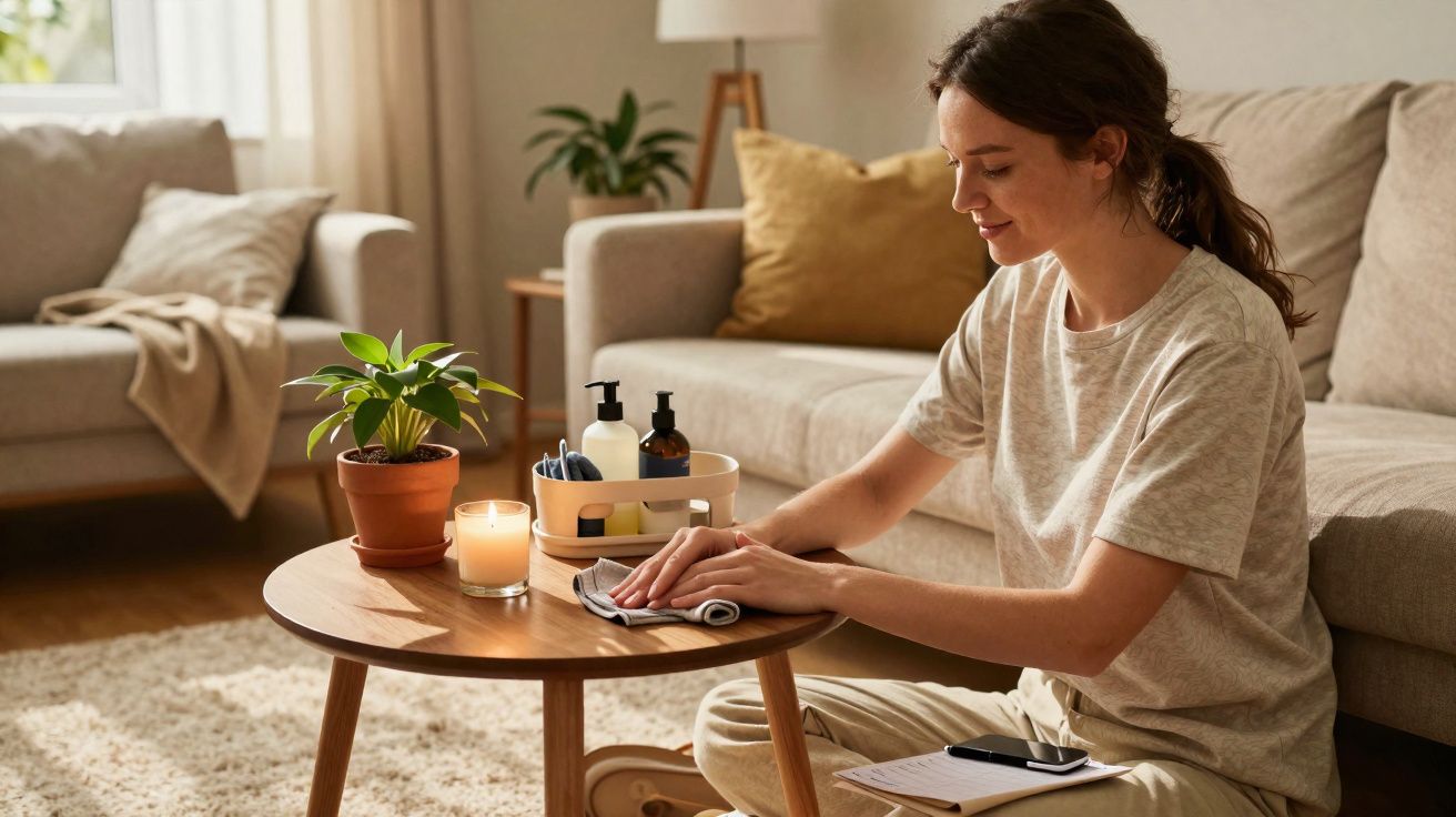 Mulher sentada no chão limpando mesa de centro com plantas, vela e produtos de cuidados pessoais na sala.