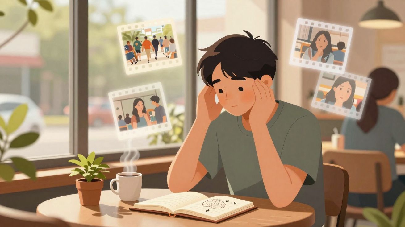 Jovem pensativo em cafeteria com fotos flutuando ao redor enquanto estuda um livro aberto.