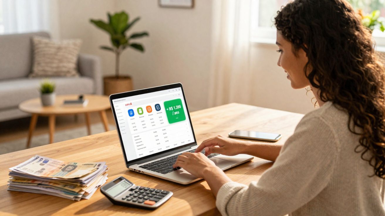 Mulher usando laptop para controlar finanças, com calculadora, smartphone e pilha de papel na mesa.