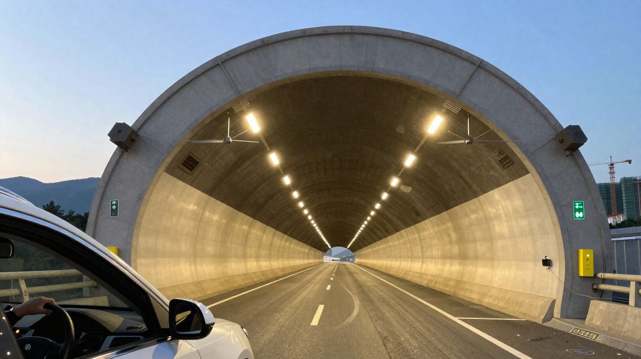 Entrada de túnel iluminado com carro branco parado à esquerda em rodovia ao entardecer.