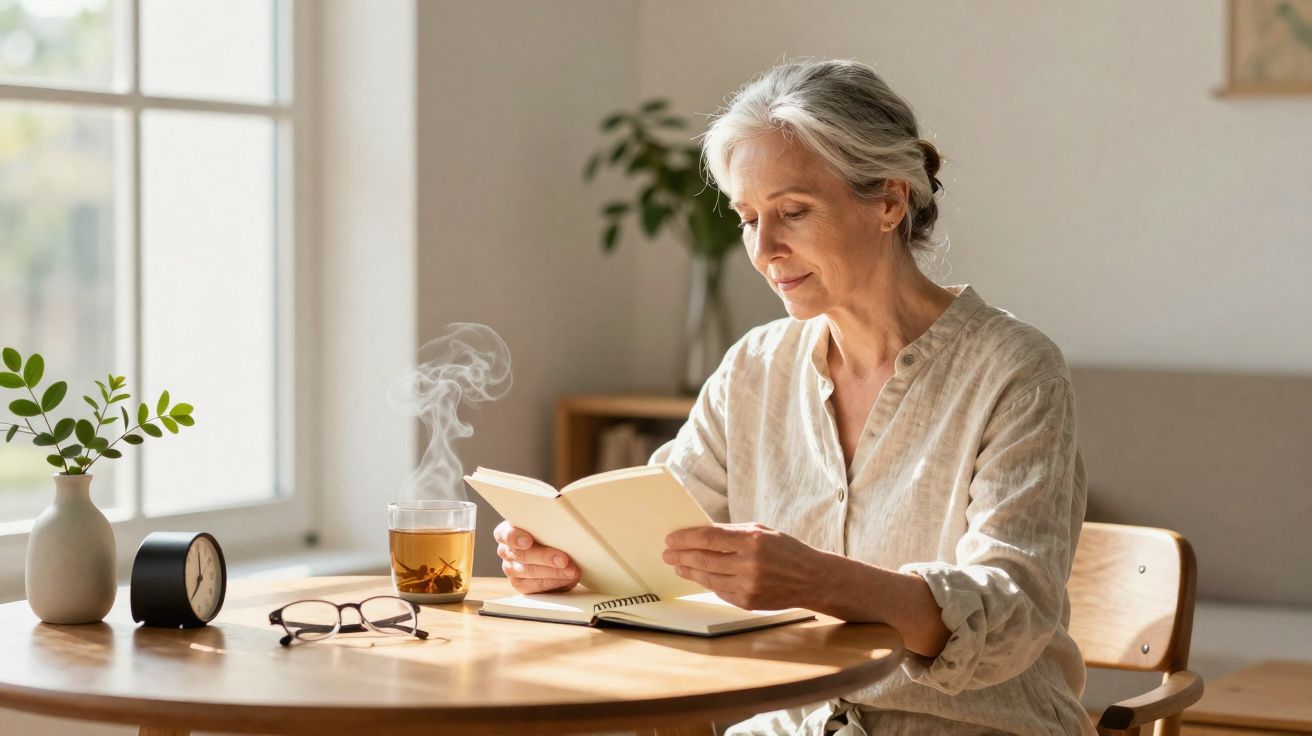 Mulher madura lendo livro em mesa de madeira com chá, óculos, e vaso decorativo em ambiente iluminado.