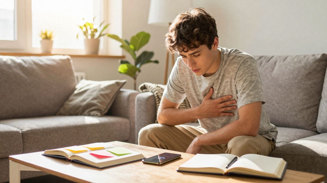 Jovem sentado no sofá com a mão no peito, aparentando dor, ao lado de livros sobre mesa de centro.