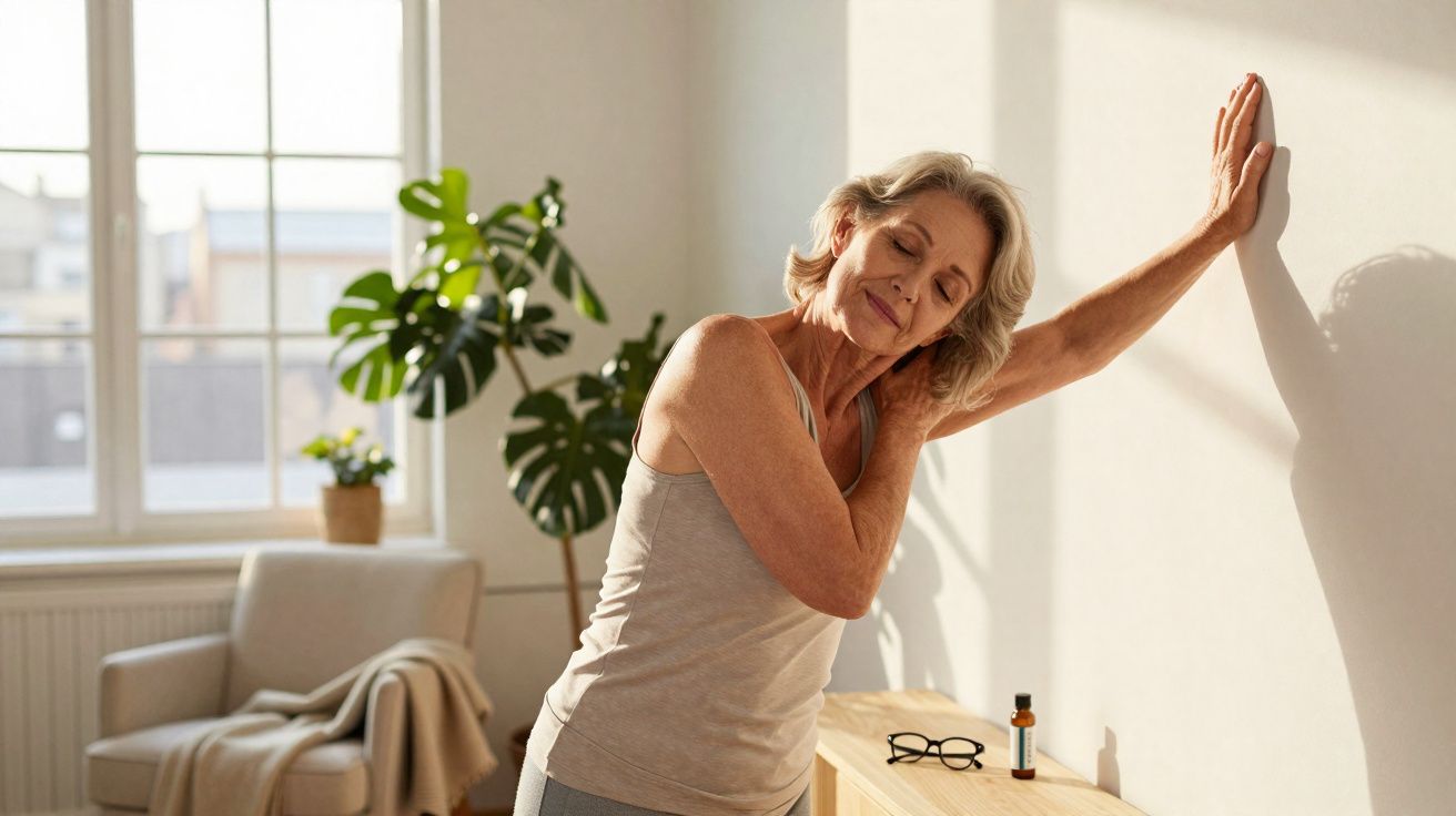 Mulher madura alongando o ombro encostada na parede em sala iluminada pela manhã.