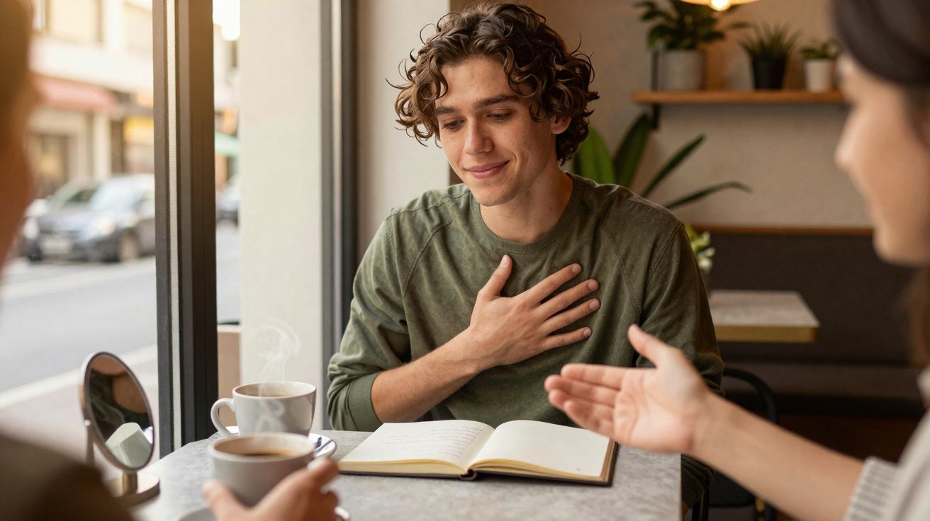 Jovem sorrindo e com a mão no peito durante conversa em café com amigos, com livro aberto à sua frente.