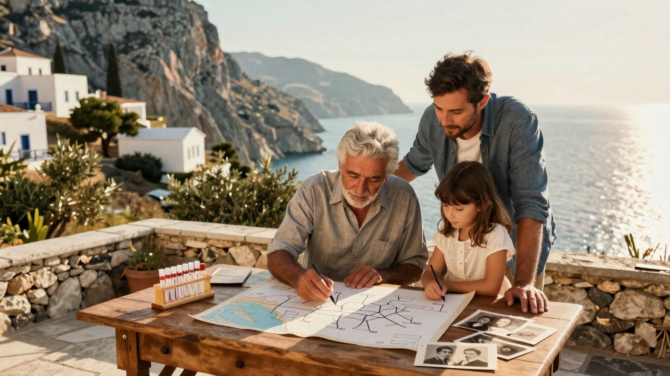 Homem idoso, adulto e criança analisam mapa e fotos em mesa ao ar livre com vista para o mar e montanhas.