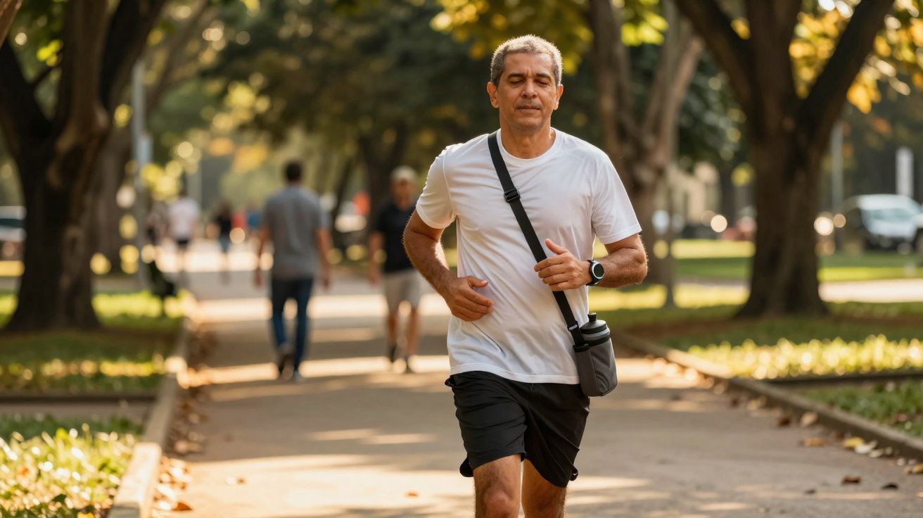 Homem adulto correndo em parque arborizado com camiseta branca e shorts pretos em dia ensolarado.
