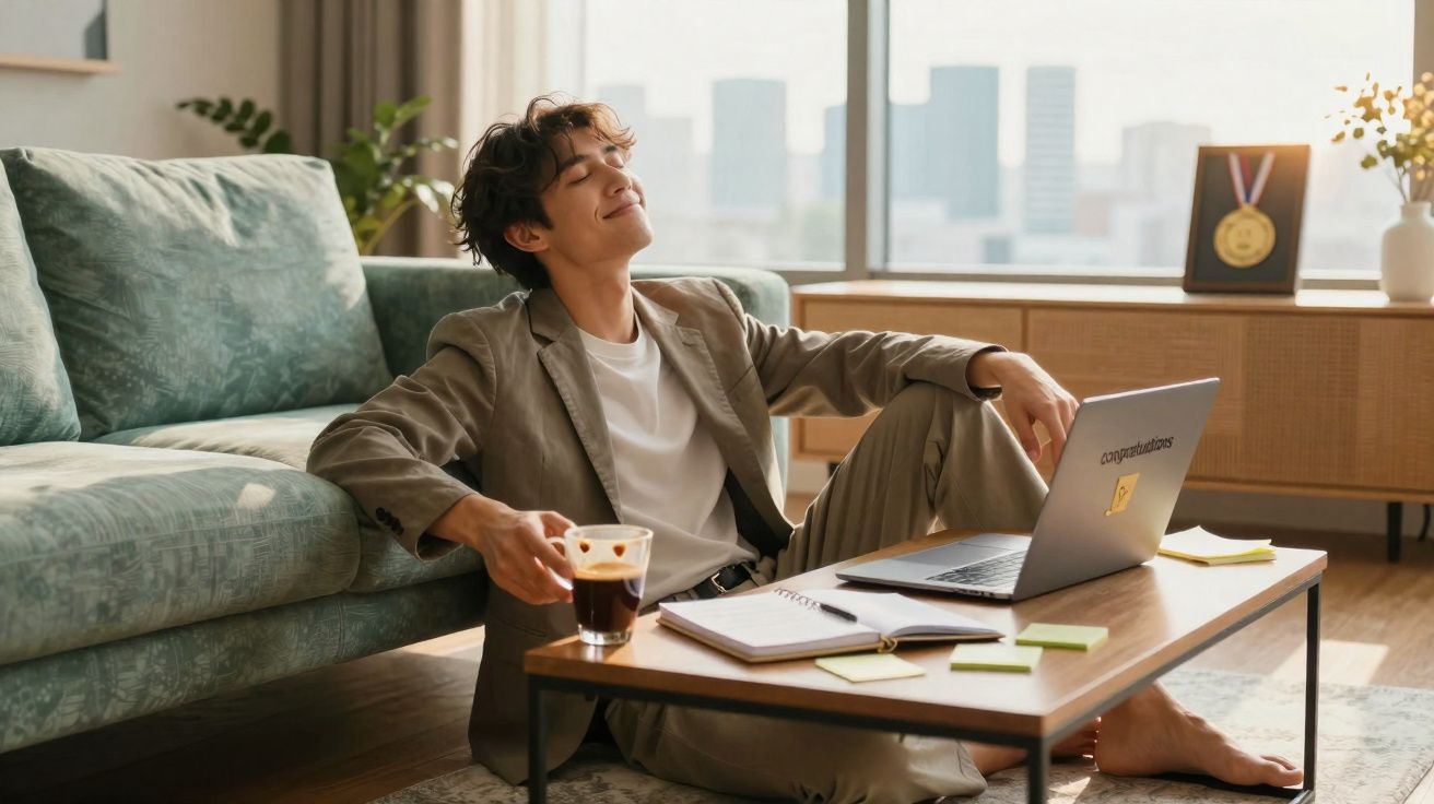 Jovem sentado no chão ao lado de sofá, relaxando com café, laptop e caderno em mesa de centro.