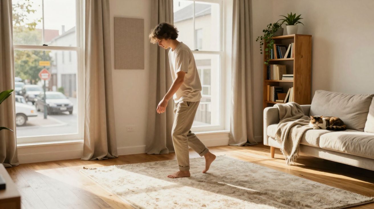 Jovem descalço caminhando em tapete na sala iluminada, com sofá e gato descansando ao lado.