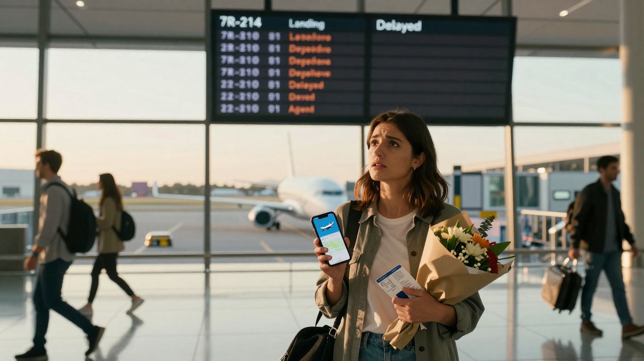 Mulher segurando buquê e celular em aeroporto, olhando para painel de voos com status atrasado.