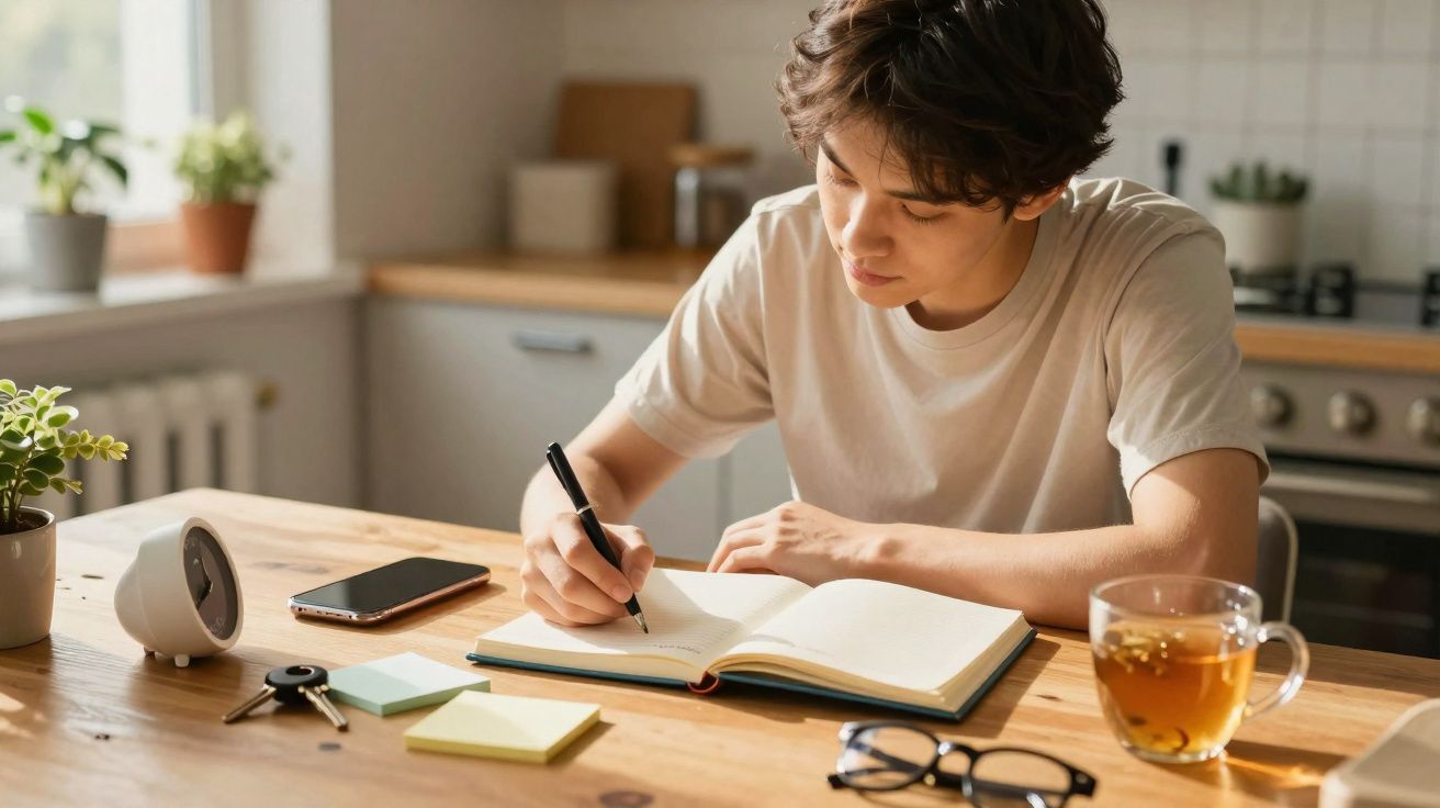 Jovem escrevendo em caderno em mesa de madeira, com chá, celular, óculos e relógio ao redor.