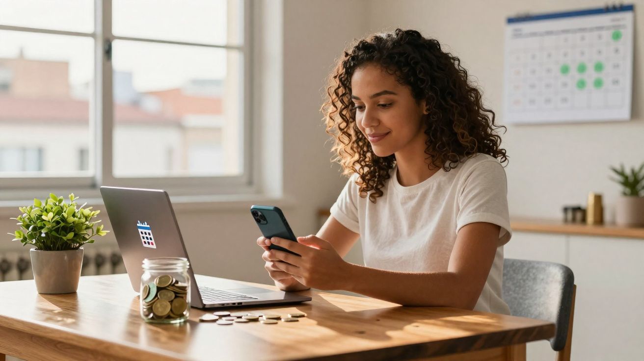 Mulher sorridente usando celular sentada à mesa com notebook, moedas e planta em ambiente iluminado.