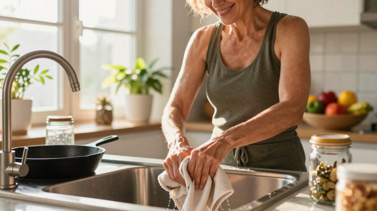 Mulher sorridente lava louça com pano em pia de cozinha iluminada por luz natural.