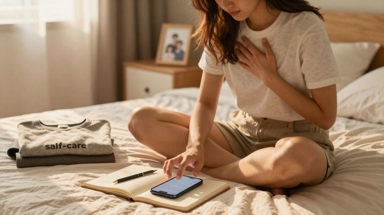 Mulher sentada na cama lendo mensagem no celular com caderno aberto ao lado em ambiente iluminado.