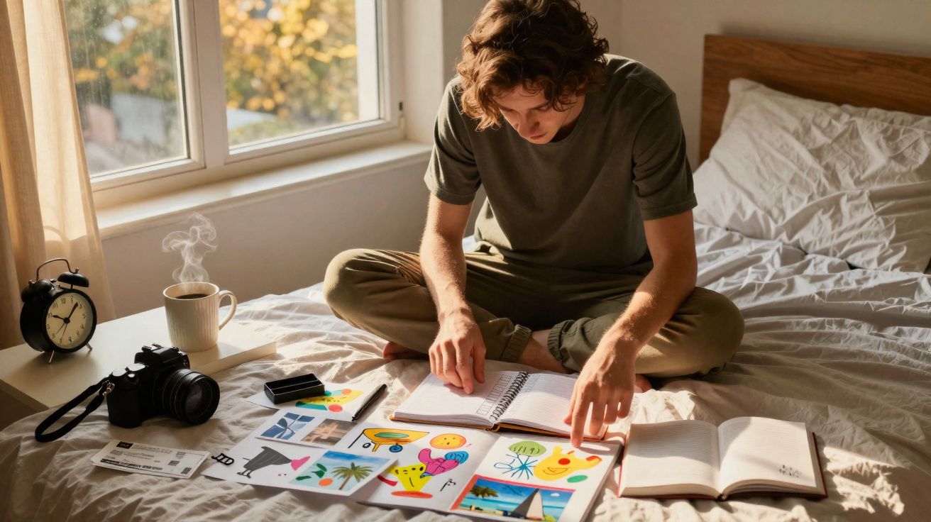 Jovem sentado na cama manuseando cadernos e desenhos coloridos em ambiente iluminado pela luz natural.
