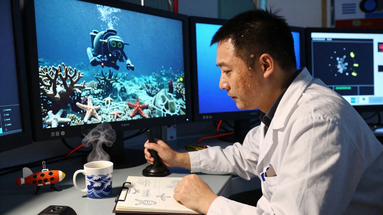 Homem em laboratório usando joystick em frente a vários monitores exibindo imagens subaquáticas e anotações.