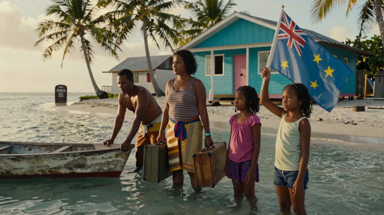 Família com malas na praia, criança segurando bandeira azul com estrelas, casa colorida e coqueiros ao fundo.