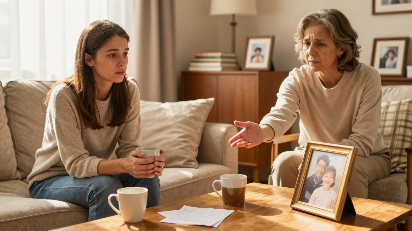 Mulher mais velha conforta mulher mais jovem que chora sentadas em sala com foto de casal na mesa.